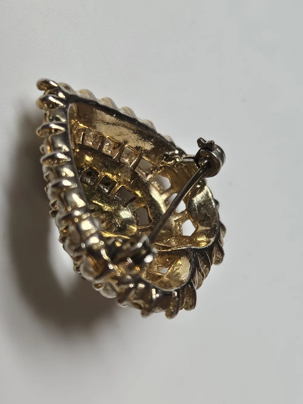 Gold Heart Brooch with Pearls and Clear Crystals